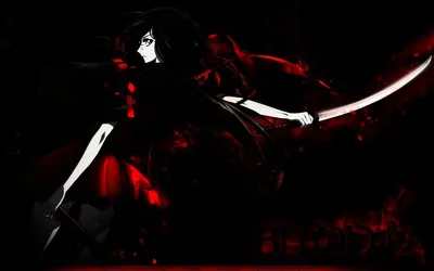 She swings a curved blade through billowing crimson mist, black dress and hat almost lost in the surrounding darkness.