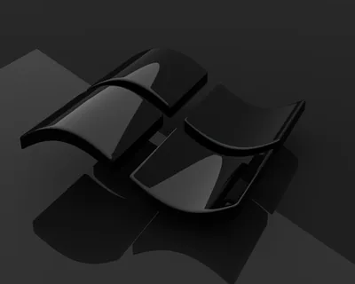 A black glass Windows flag curves up from a charcoal floor, each pane catching one white highlight, with soft reflections spilling toward the lower left.