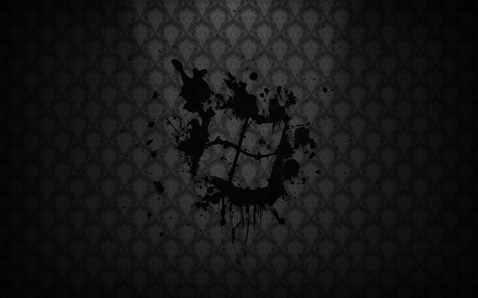 The window mark is painted in rough black ink with drips running down over a dark patterned wall.