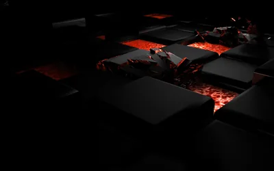 Rows of dark cubes sit tightly packed with molten orange light burning through the gaps between them.