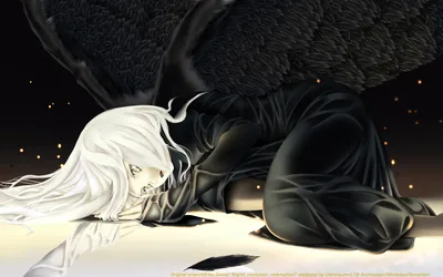 A pale-haired figure lies curled under huge black feathered wings, gold sparks drifting over the dark upper half of the frame.