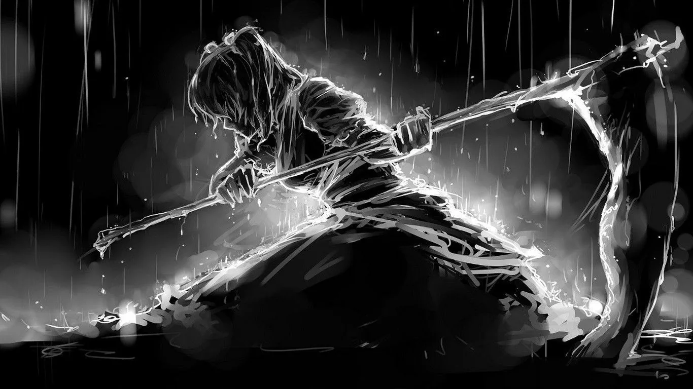 A hooded figure grips a scythe in heavy rain, painted in white brush strokes on a black ground.