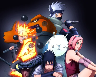 Naruto, Kakashi, Sasuke and Sakura cluster under a grey spotlight while black truth-seeking orbs float between them and an orange fox shape looms behind.
