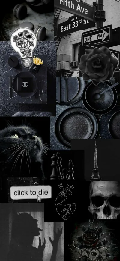 A tall collage of a skull, black roses, a green-eyed cat and a Fifth Avenue sign, with 'click to die' set on the one white tile mid-frame.