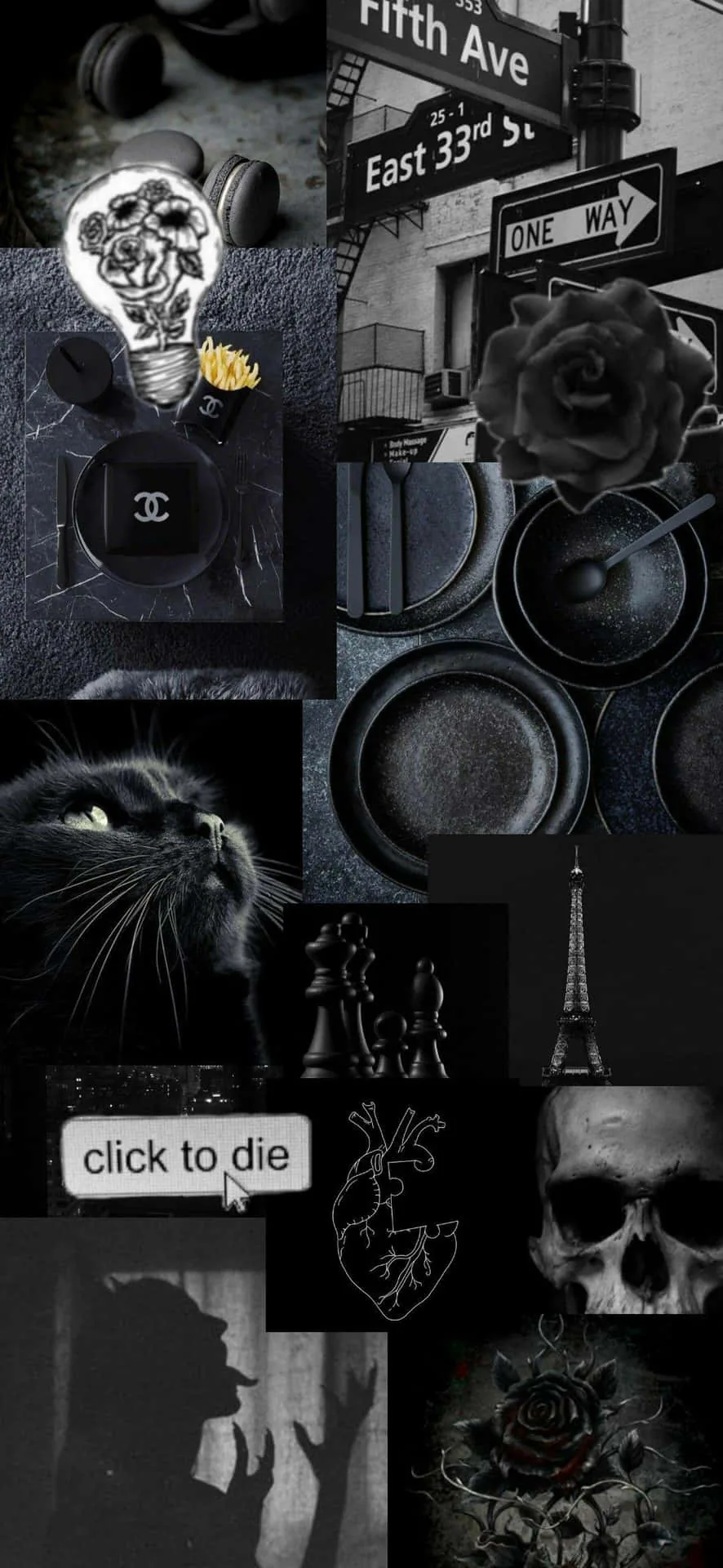 A tall collage of a skull, black roses, a green-eyed cat and a Fifth Avenue sign, with 'click to die' set on the one white tile mid-frame.