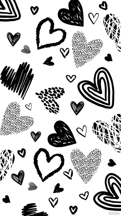 Hand-drawn hearts in scribble, outline and crosshatch fill the whole frame in black ink on white, no two of them alike.