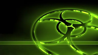 The biohazard sign traced in acid green light, a horizontal beam crossing the lower half of the dark frame.
