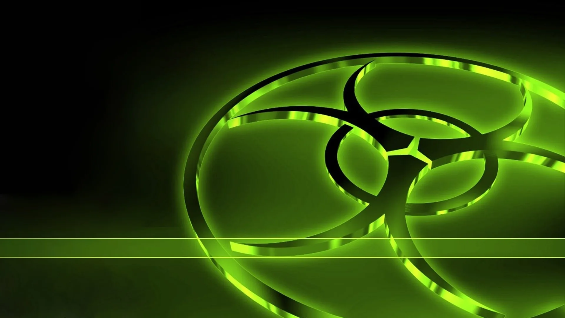 The biohazard sign traced in acid green light, a horizontal beam crossing the lower half of the dark frame.