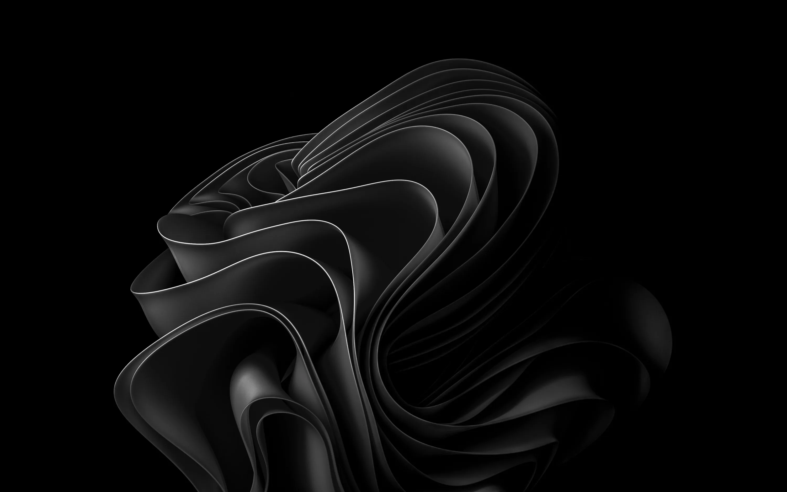Layered dark ribbons coil into a bloom shape, each fold separated only by the light along its edge.