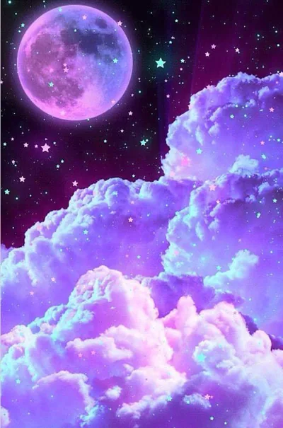 A pastel purple moon rises over fluffy pink-and-violet clouds sprinkled with tiny stars, the top corners left darkest for status-bar icons.
