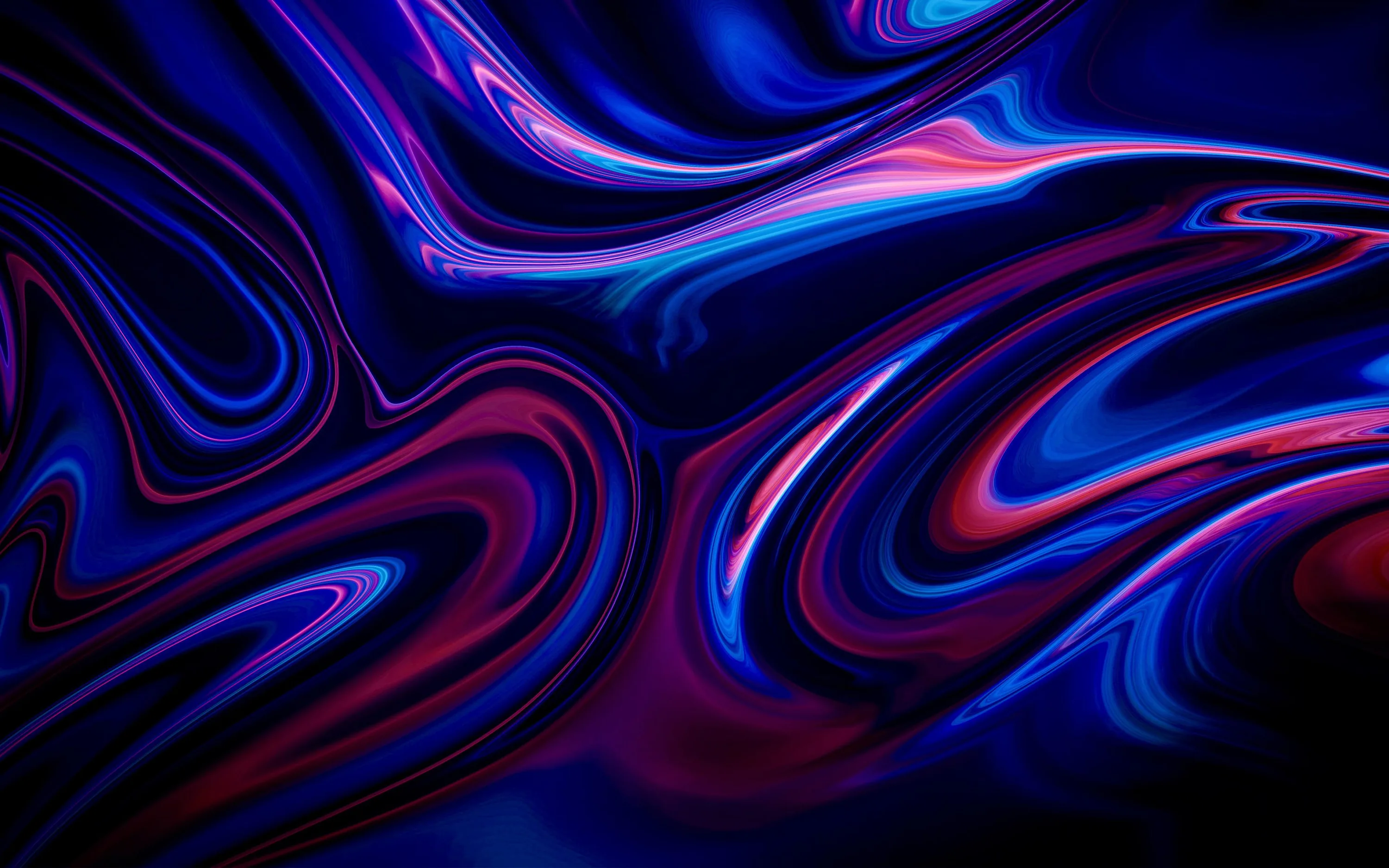 Poured liquid colour folds through the frame in cobalt, magenta and violet ribbons, the darkest pools sitting along the left edge.