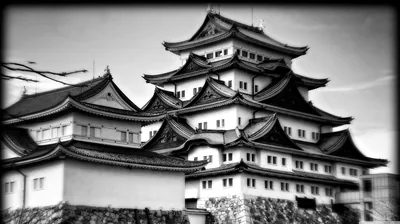 A multi-tiered castle keep fills the frame in soft monochrome, its stone base running along the bottom while the vignetted sky darkens toward both top corners.