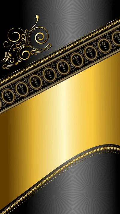A polished gold band sweeps across a black patterned ground, edged with jewelled trim and a single scroll flourish in the top-left corner.