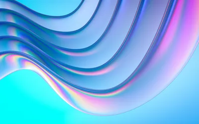 Glossy 3D ribbons stack into a wave that rolls off the left edge, each layer catching pink and violet iridescence against a plain cyan backdrop.