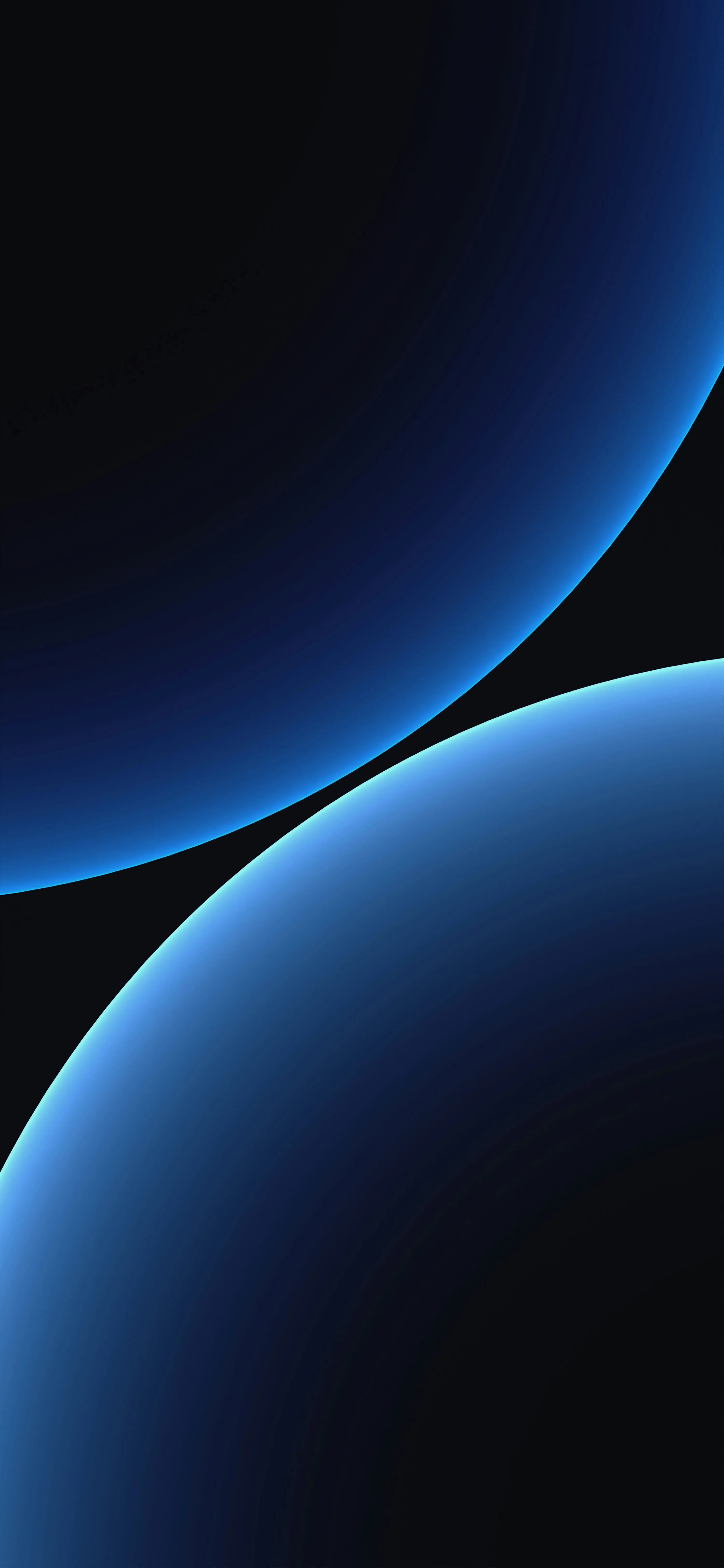 Two enormous spheres pass through the frame, each lit only along its curved rim in pale blue, the space between them completely black.