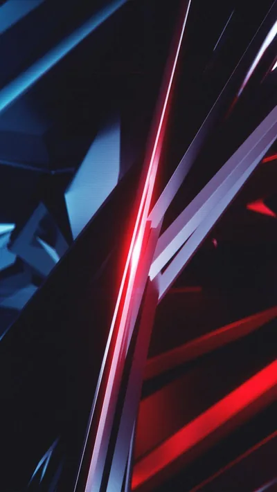 Angular shards of blue and grey lean across the frame, split by one bright red line running corner to corner.