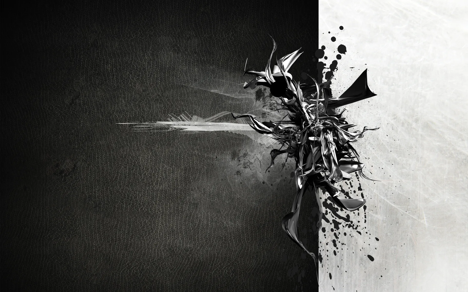 The frame divides down the middle, dark textured paper on the left and pale grain on the right, with a winged shape exploding into fragments where the two meet.