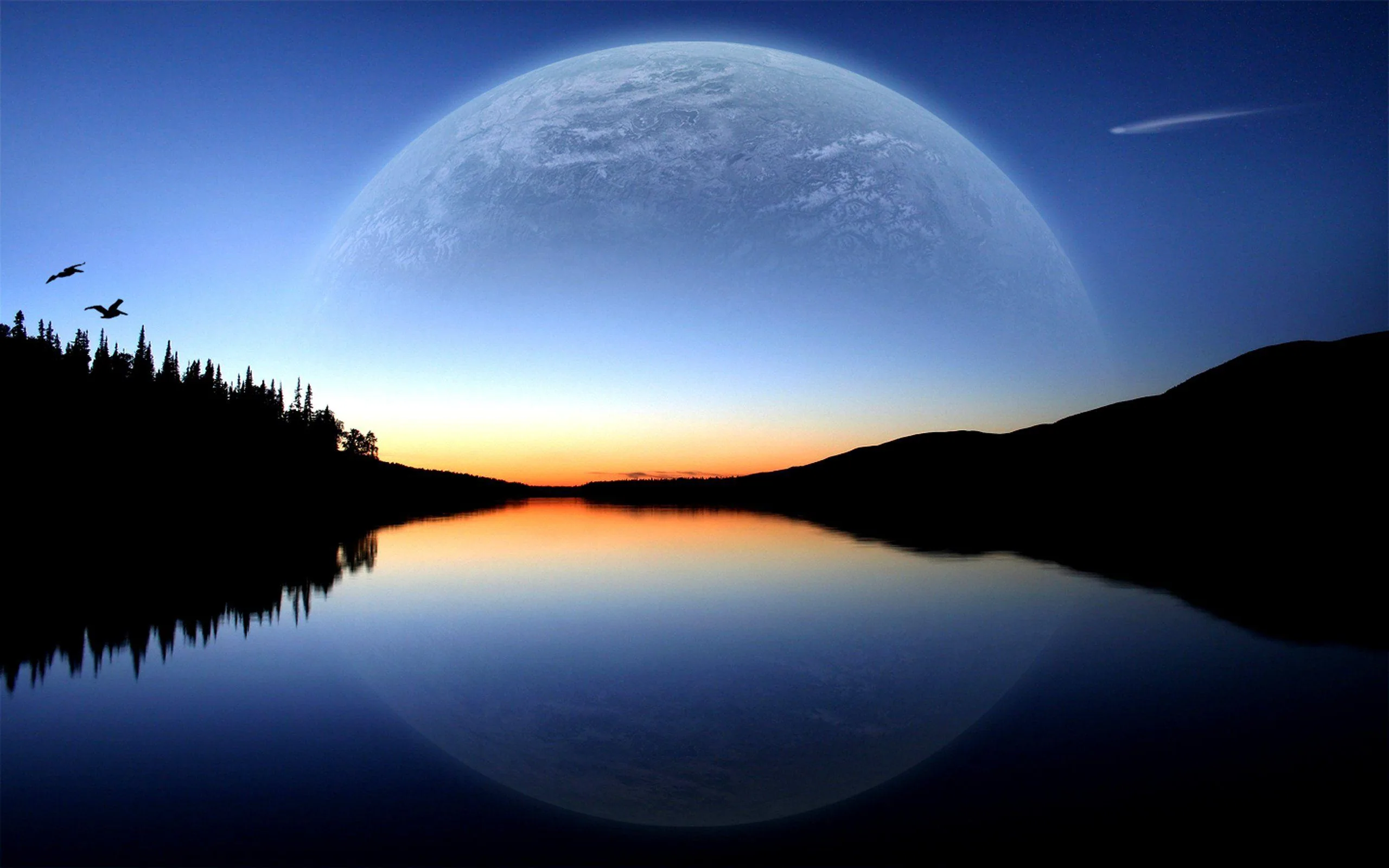 A huge pale moon looms over a twilight lake, birds crossing the upper left while a thin orange band of sunset marks the horizon.