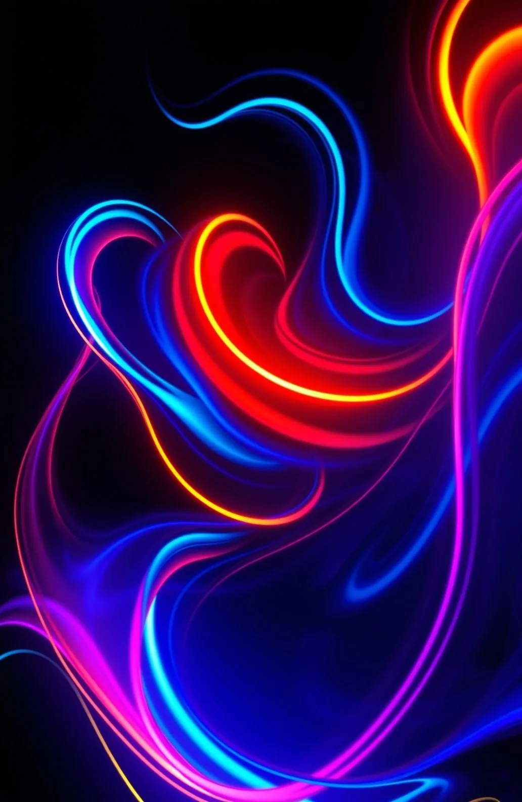 Glossy ribbons of red, blue and violet neon loop through the centre of this portrait frame, both top corners kept black for the clock and status bar.