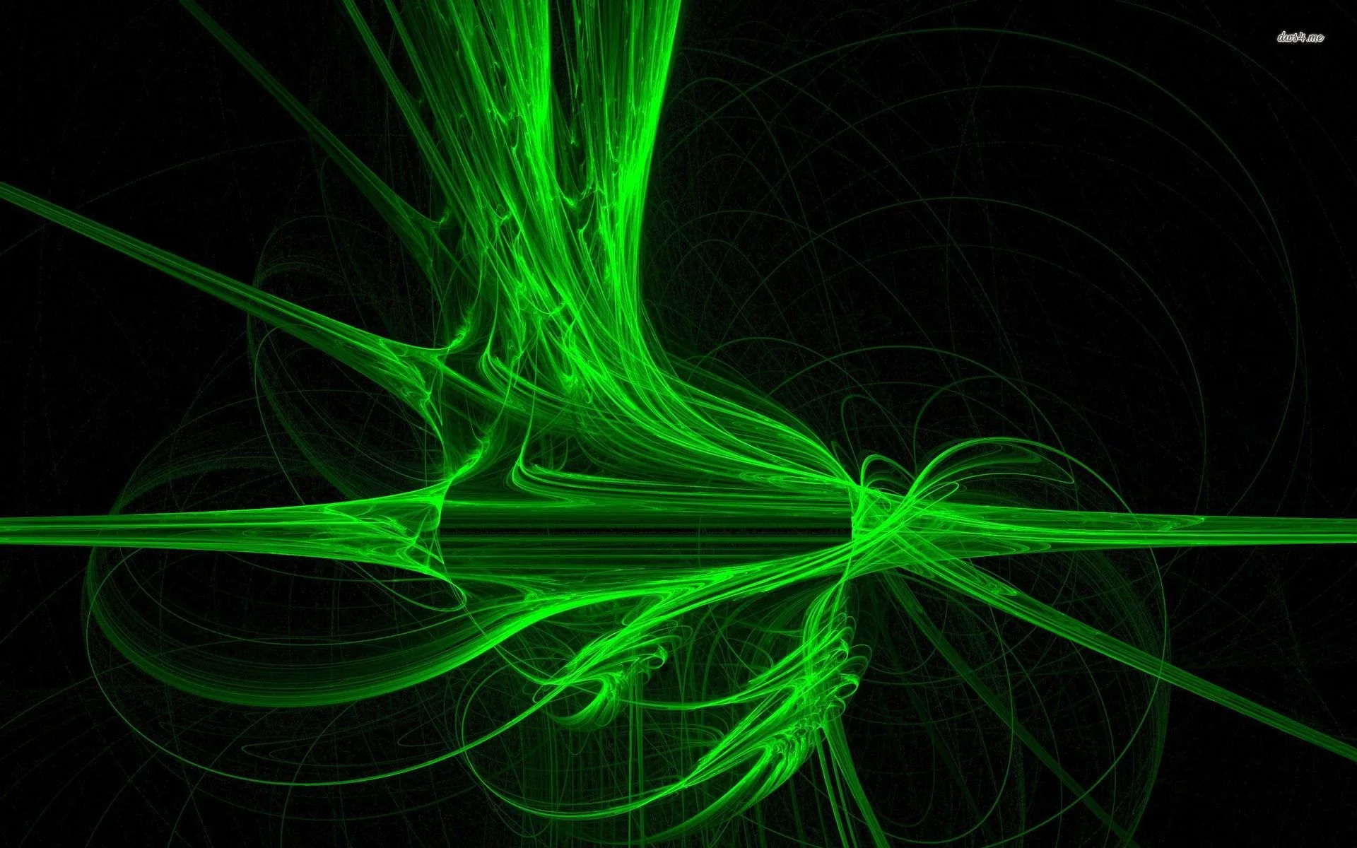 Neon green filaments cross and knot near the middle of the frame, throwing thin sparks outward over a flat black background.