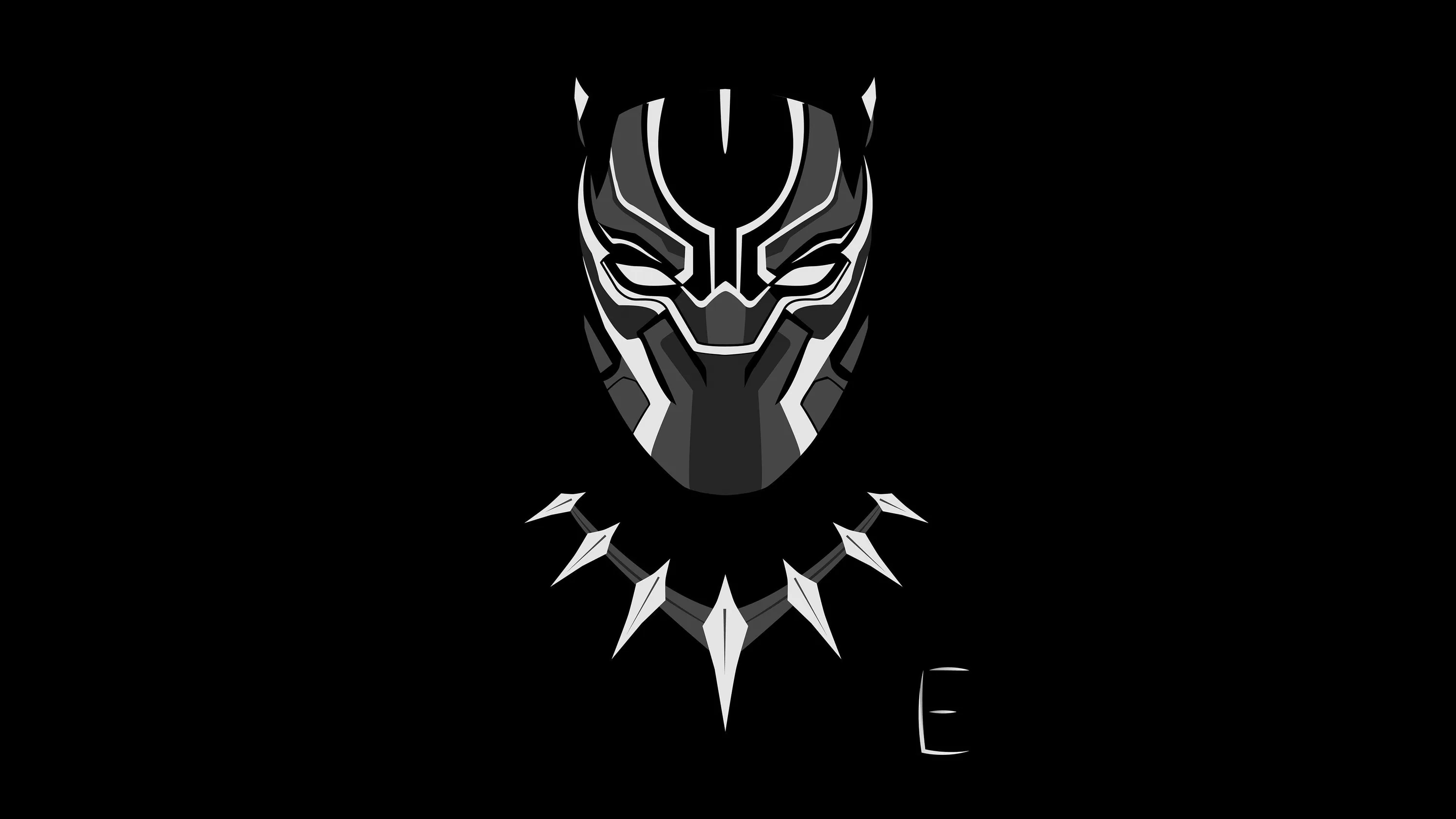 A panther-shaped mask faces forward with white edges tracing every plane, the background left black.