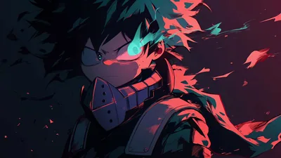 Dark teal and red wash over the shoulders, green sparks trailing off to the right and one eye glowing under the messy fringe.