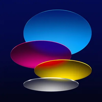 Four tinted glass ellipses in blue, magenta, yellow and silver float in a loose stack over a deep navy field.