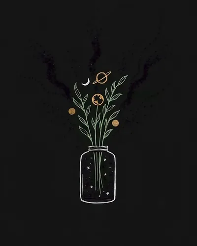 A line-drawn jar of starlight holds leafy stems carrying Saturn, Earth and a crescent moon, centred with even black margins on every side.