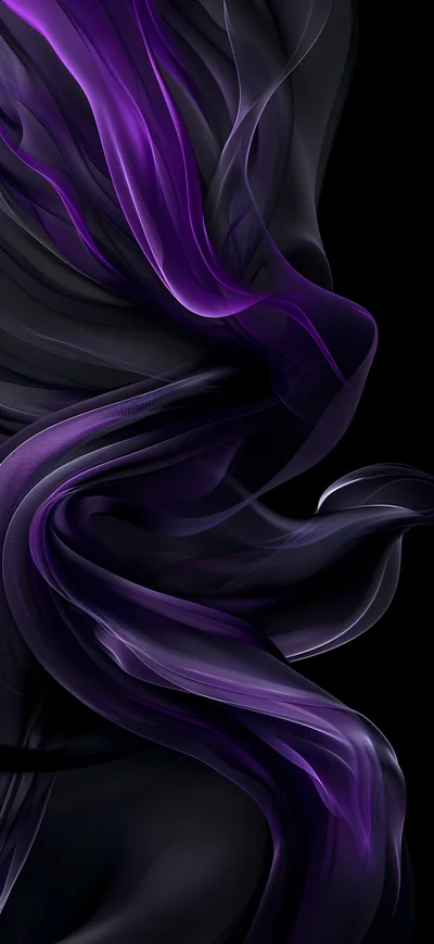 Ribbons of purple silk twist through the lower two-thirds of the frame, the top left corner left empty and black.