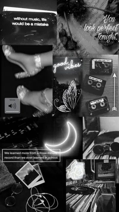 Records, a cassette, heels and a neon crescent stack down a tall frame, handwritten script and short quotes filling the gaps.