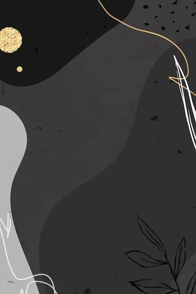 Curved grey and black shapes overlap down the frame, a speckled gold circle in the top left and thin leaf line art creeping in from the bottom right.