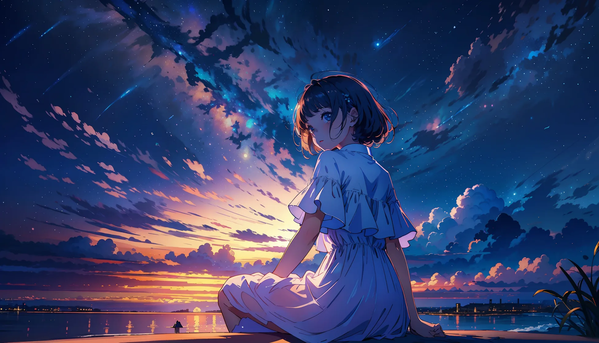 A short-haired girl in a white dress sits on the shore at dusk, towering blue clouds and the last orange band of daylight mirrored in the water.