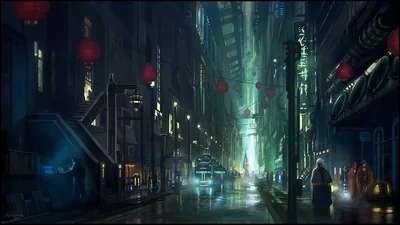 Strings of paper lanterns hang between grimy high-rise walls over a wet lane, robed figures at right and a green glow far down the street.