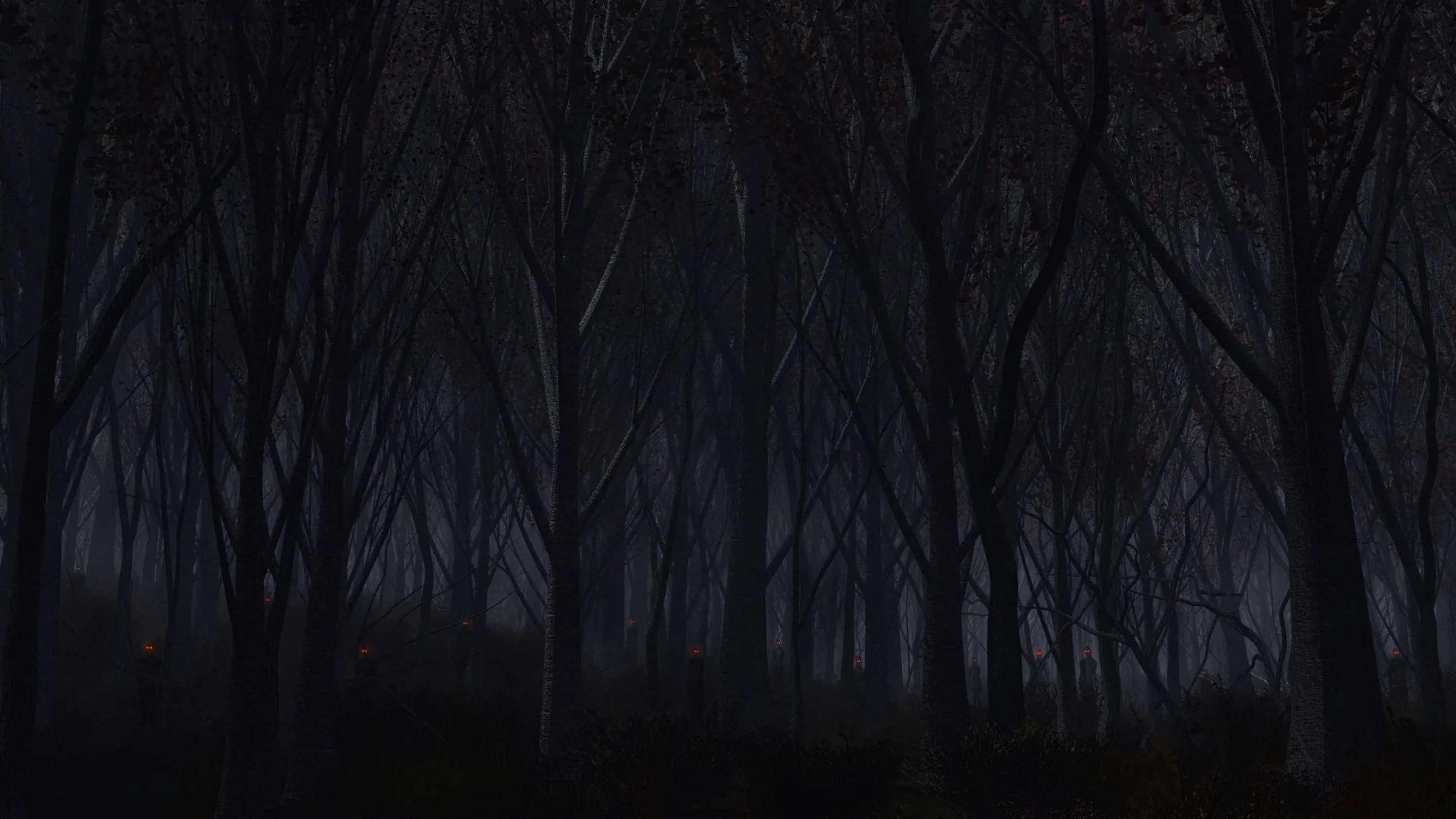 Rows of thin trunks recede into fog under a black sky, the ground fading out before the bottom edge.