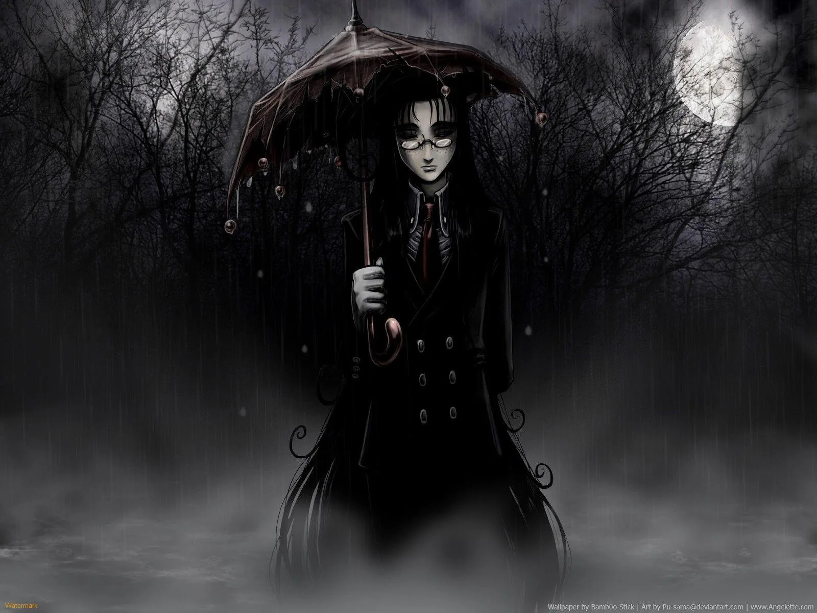 The same masked gothic figure stands in ground mist under a bright full moon, dead trees closing in from both sides of the frame.