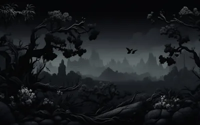 A drawn wetland of twisted branches and pale blossom opens onto fogged spires, two birds crossing the grey middle distance.