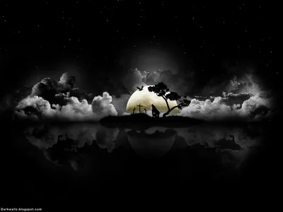 A bat-shaped moon glows through heavy cloud and mirrors itself in the still water below, the sky pricked with stars.