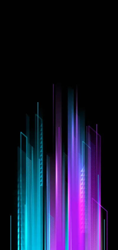 Vertical bars of cyan and magenta light rise like a skyline from the lower half of a black phone screen, the top third left empty.