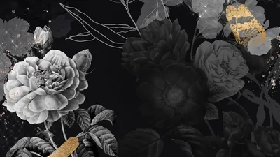 Sketched roses in grey wash spread across a dark ground with gold foil leaves in the top right and along the lower stem.