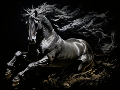 A horse rears out of black, mane and tail streaming like smoke, its coat polished to a silver sheen along the neck and flank.