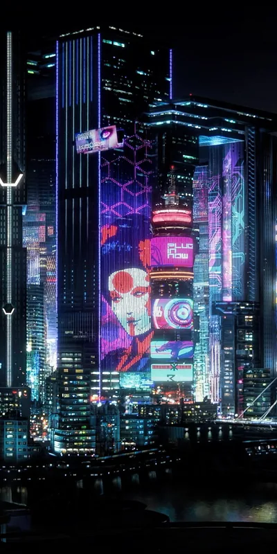 A pink geisha face glows from a mid-rise screen among blue-lit skyscrapers, the black sky and dark bridge keeping top and bottom clear for clock and dock.
