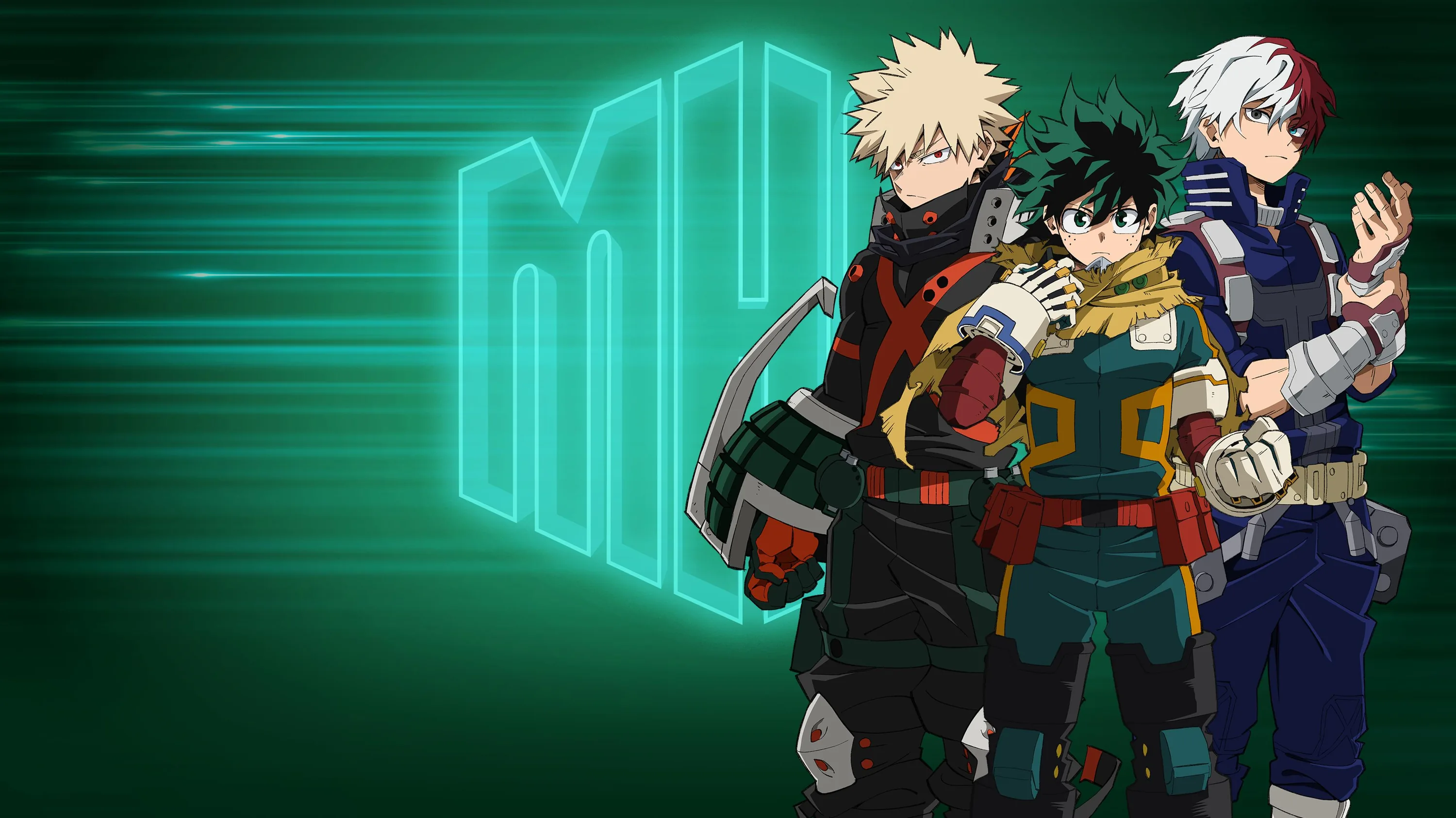The three young heroes stand in costume before a giant emblem on dark green, the whole left half kept clear for icons or a clock.