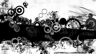 Rings, spirals and halftone dots scatter across a torn black band that cuts the frame in half, the top corners left white and open.