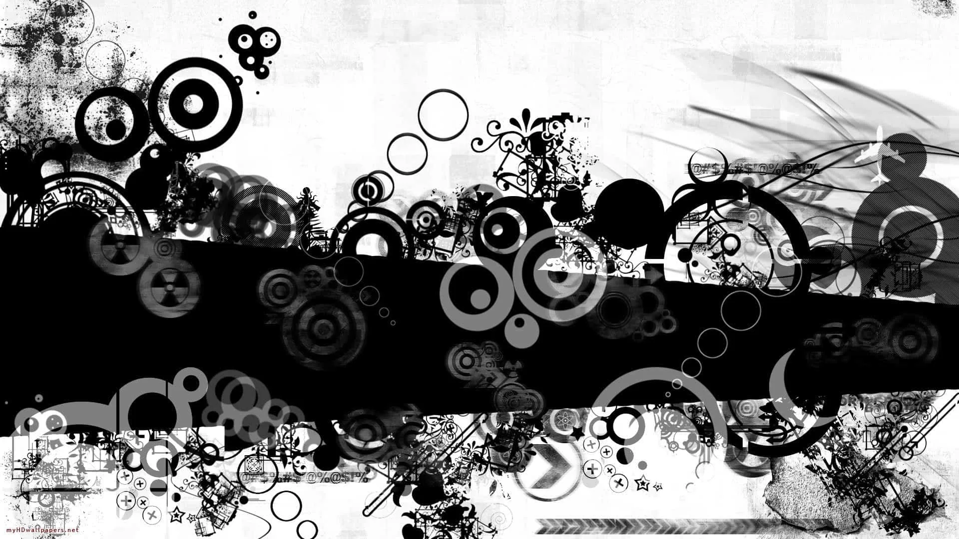 Rings, spirals and halftone dots scatter across a torn black band that cuts the frame in half, the top corners left white and open.