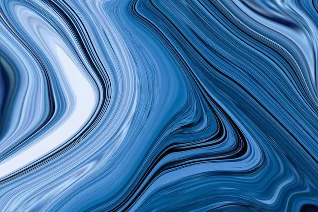 Smooth bands of denim and steel blue bend through an S curve, a single white streak near the upper left and fine black threads between the folds.