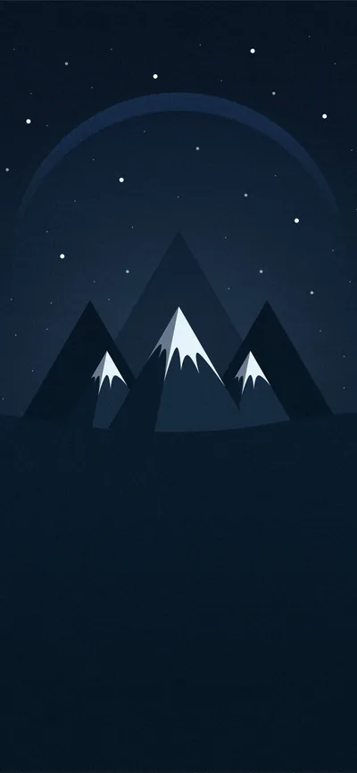 Three flat triangle peaks with white caps rise under a starry navy sky, a huge faint circle glowing behind them, and the foreground beneath stays nearly solid dark.