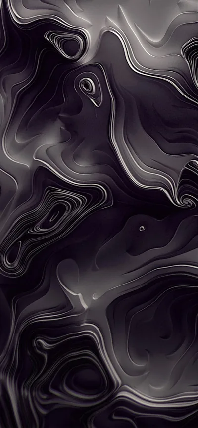 Silver and charcoal ink pool into slow ripples down a tall phone frame, a few darker islands sitting where the paint has settled.