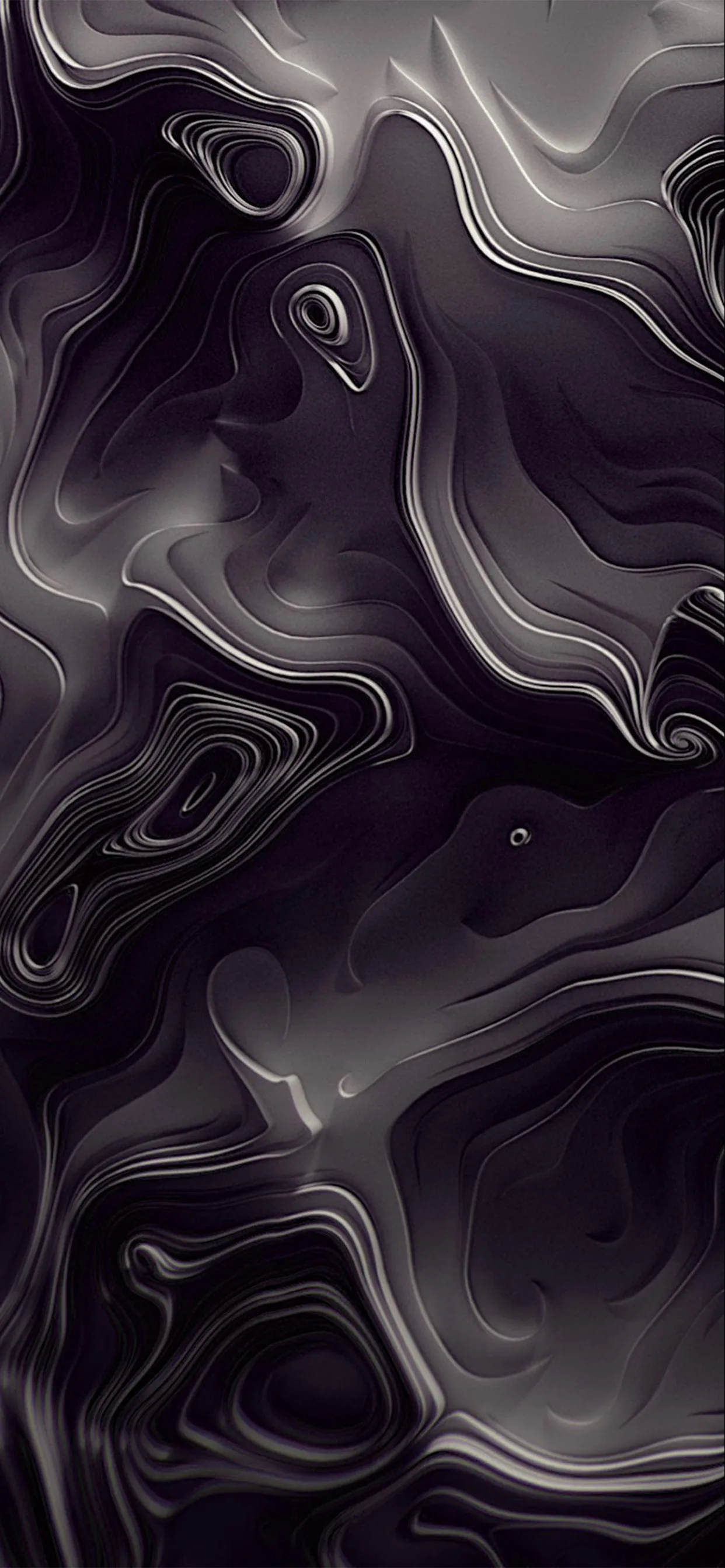 Silver and charcoal ink pool into slow ripples down a tall phone frame, a few darker islands sitting where the paint has settled.