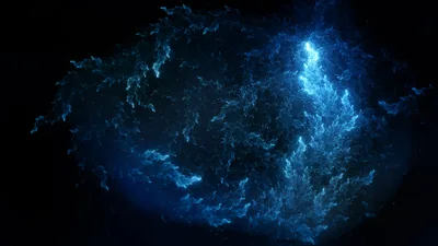 A wispy cloud of blue gas sits at the centre of an otherwise empty black field, its core burning brighter along the upper right edge.