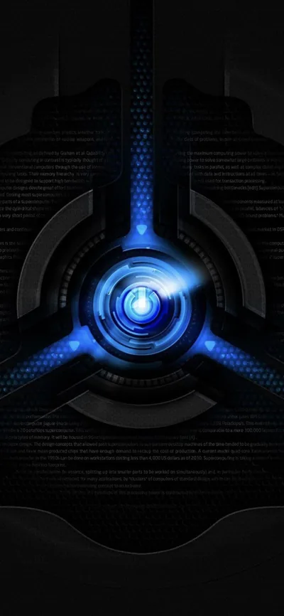 A three-spoke ring surrounds a glowing blue core, set into a black hexagon-textured panel with faint circuit lines running to the edges.